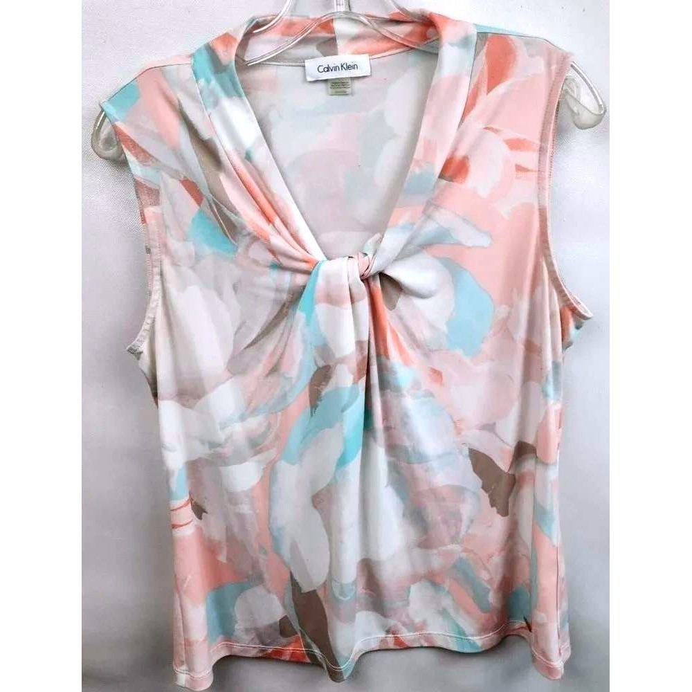 Calvin Klein Sleeveless Knot Front Top Women Medium Pink Blue Floral Office
